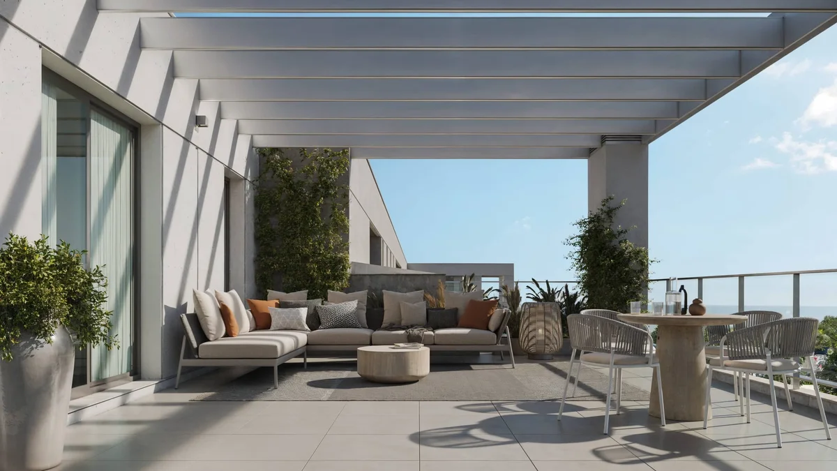 Covered terrace of a penthouse at Residencial Urbion Palmas Altas, Seville