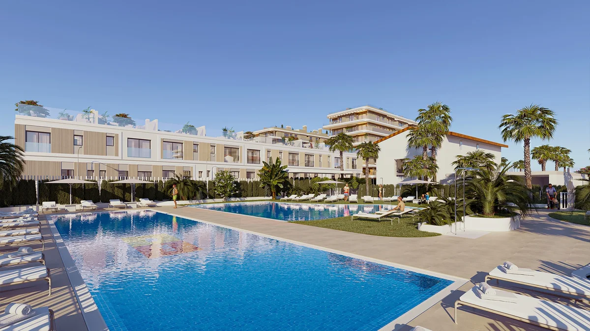 Pool and semi-detached townhouses at Santa Maria Sea by TM, El Puig, Valencia