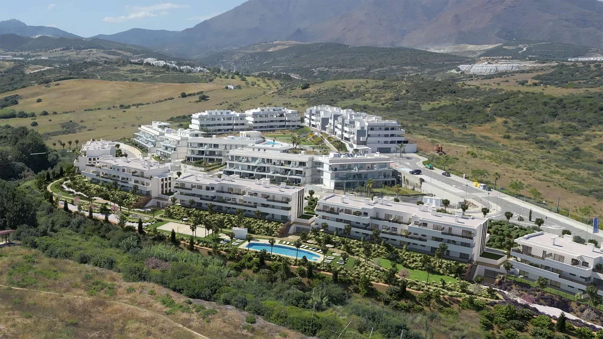 Aerial view of Serenity Gardens development in the Estepona hills