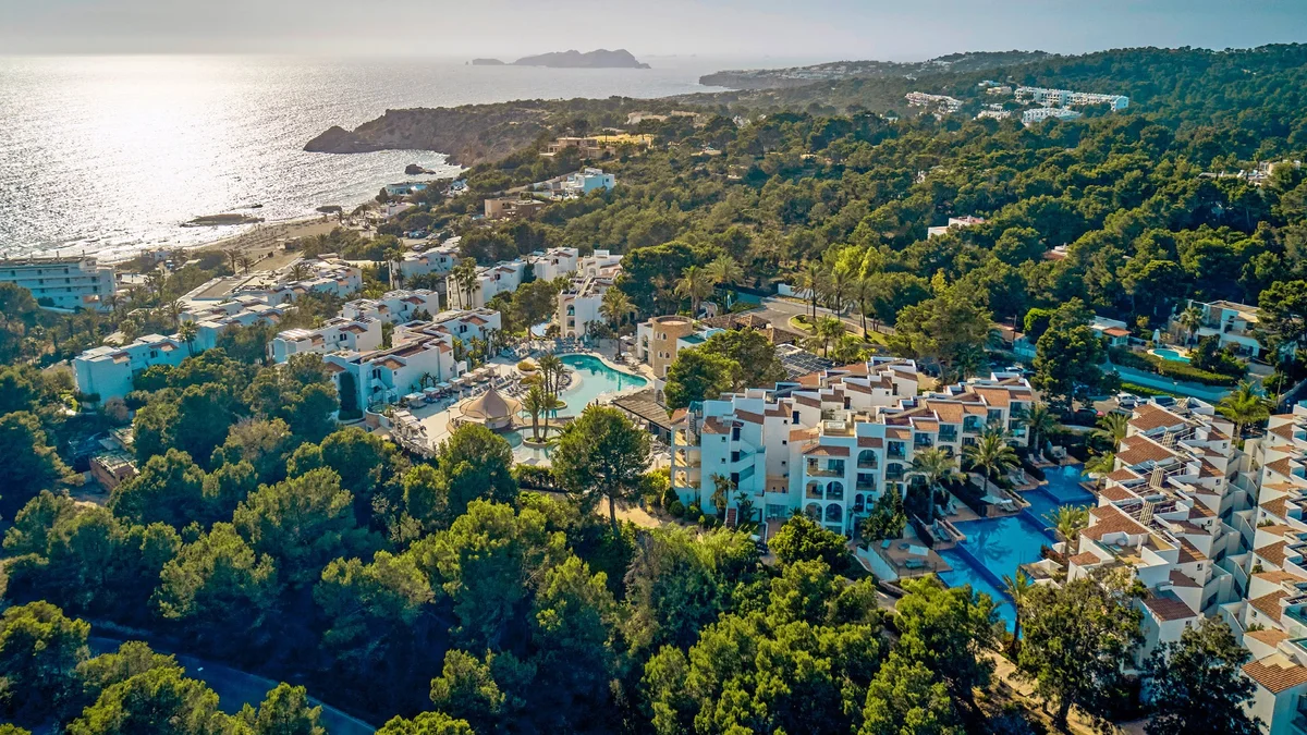 Pine-covered hillside above the Cala Tarida coast near Villas de Bes, Ibiza