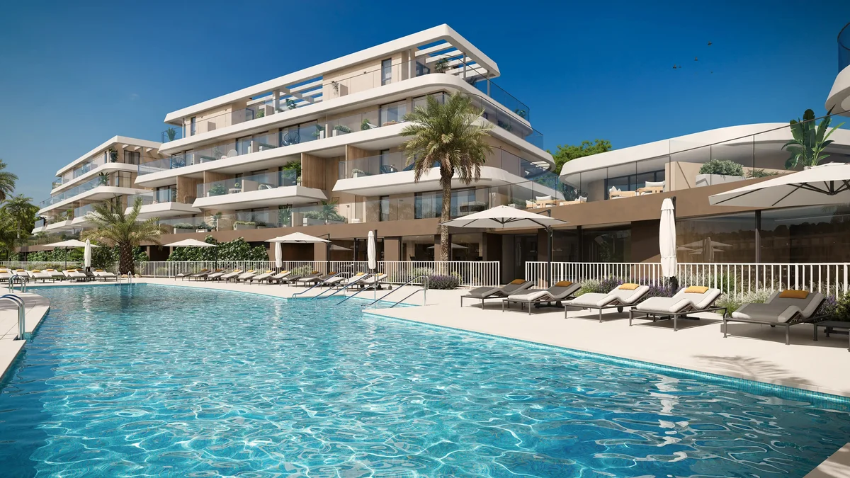 Unika by AEDAS Homes in Estepona: terraced apartment blocks around the main communal pool